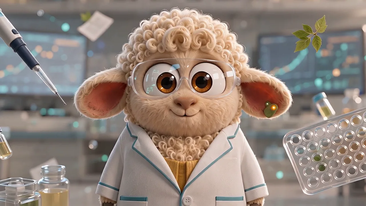 Stylised sheep in a laboratory with sample, microplate and monitoring equipment.